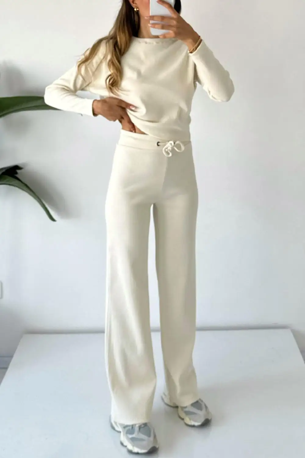 Ribbed Crew Neck Crop Top Drawstring Long Pants Set