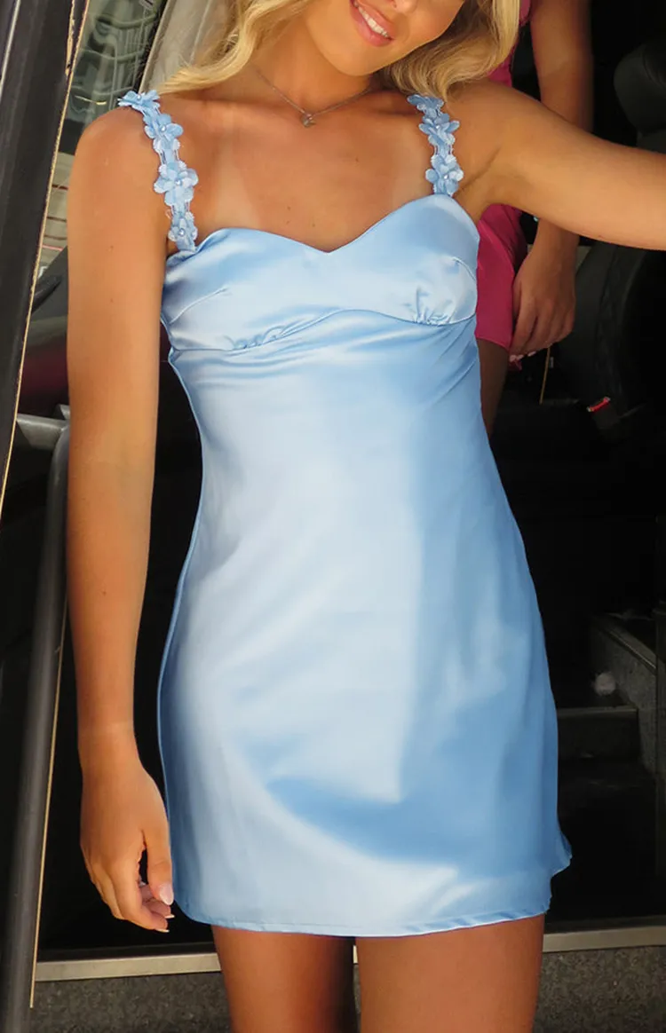 Blue Satin Ruffled Strap Mini Dress