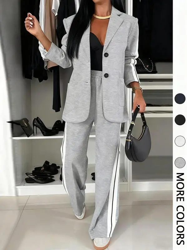 Women's Striped Print Blazer Jacket & Wide Leg Pants Set, Casual Fitted Suit for All Seasons, Stylish Ladies' Clothing Ensemble