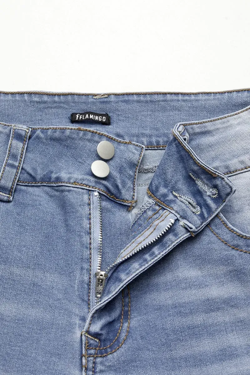 Double Button Mid Waist Straight Leg Jeans