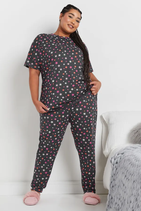 YOURS Curve Grey Star Print Short Sleeve Pyjama Set
