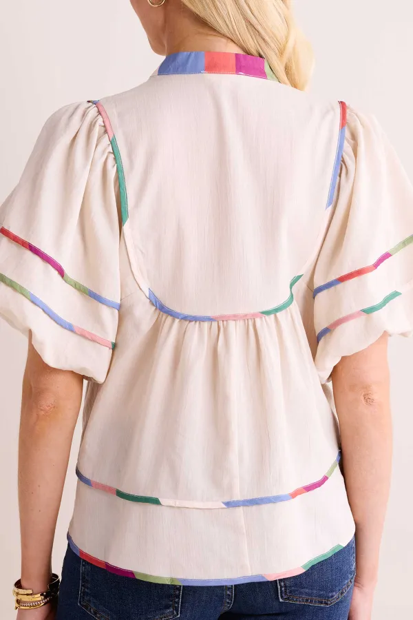 Multicolored Trim Puff Sleeve Drawstring Top