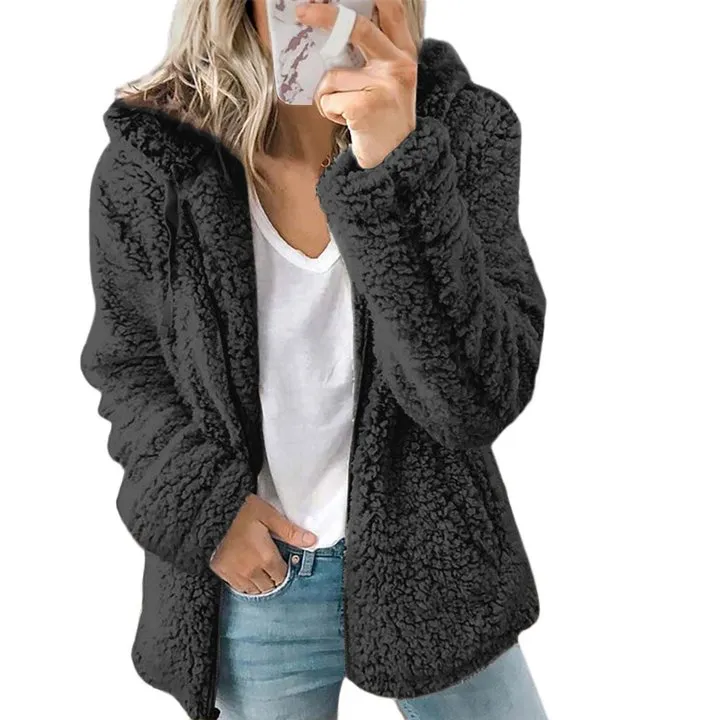 Solid Plush Hooded Zipper Coat
