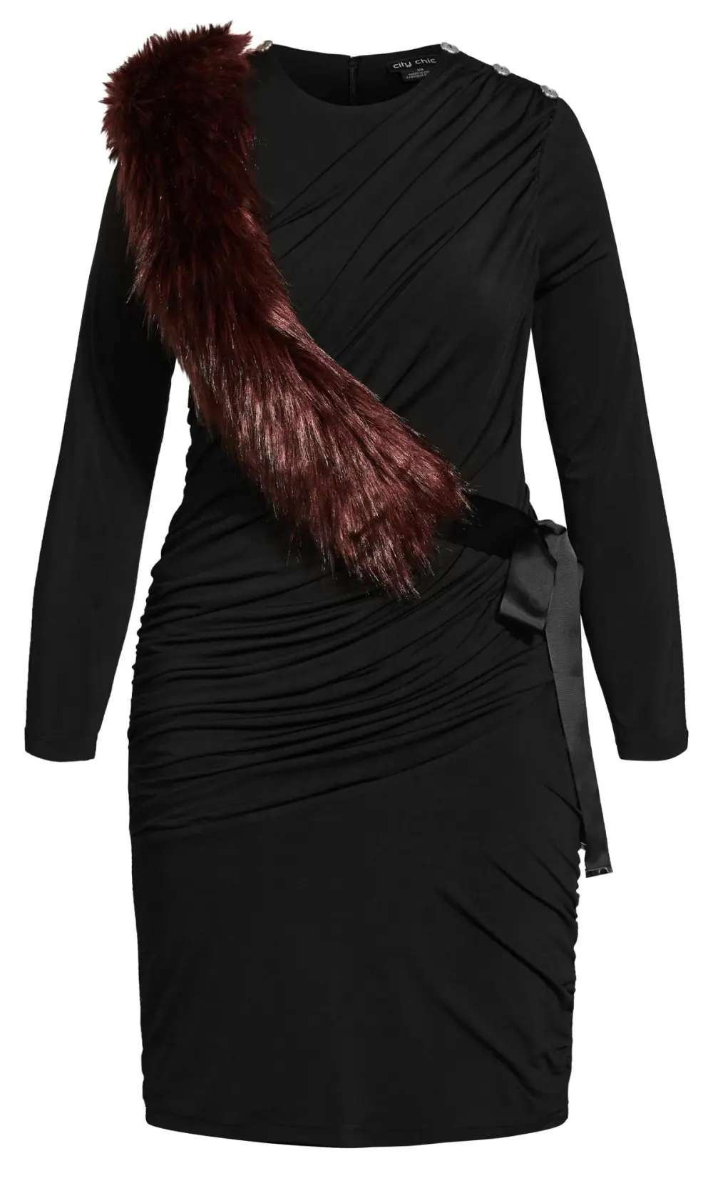 Evans Black Ruched Midi Dress with Detachable Faux Fur