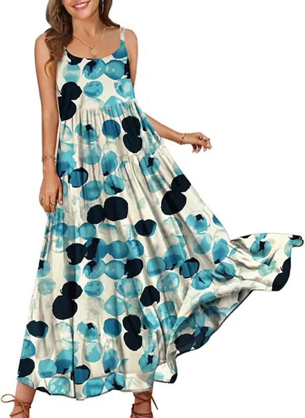 Summer Dresses for Women Casual Loose Bohemian Floral Dress with Pockets Spaghetti Strap Maxi Dress E75