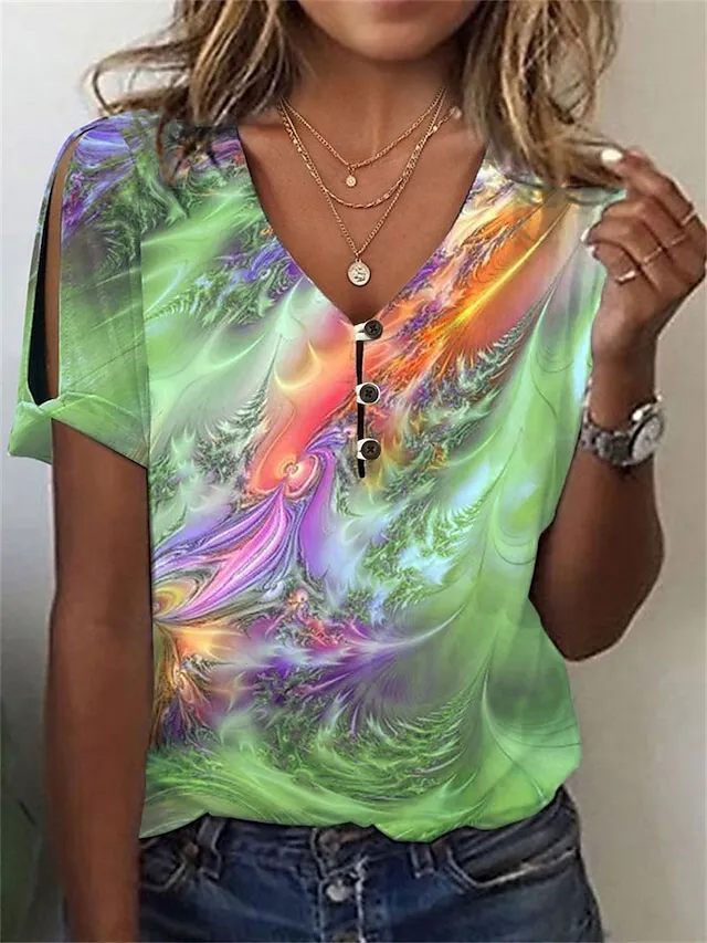 Women's T shirt Tee Graphic Blue Purple Green Button Cut Out Print Short Sleeve Daily Weekend Basic Neon & Bright V Neck Regular Fit