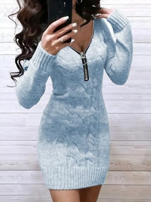 Women‘s Sweater Dress Winter Dress Wine Red Denim Blue Black gray Green Pink Light Gray Light Blue Grey White Long Sleeve Pure Color Jacquard Winter Fall V Neck Casual 2022 S M L XL XXL XXXL