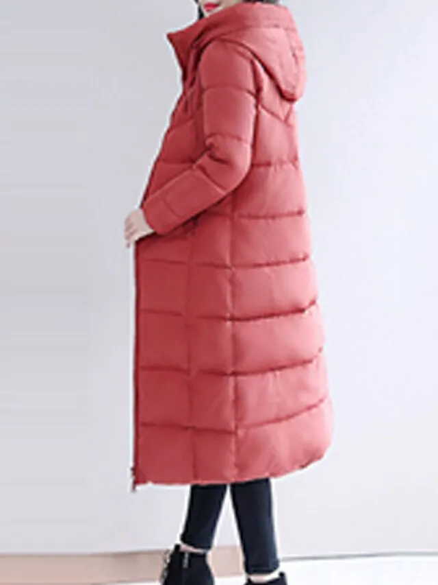 Women's Puffer Jacket Winter Jacket Winter Coat Hoodie Jacket Street Daily Valentine's Day Fall Winter Long Coat Regular Fit Warm Breathable Casual Jacket Long Sleeve Solid Color Full Zip Black Dusty