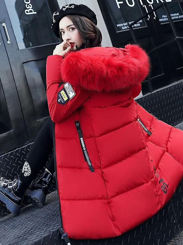 Women's Puffer Jacket Long with Pockets Slim Fit Fur Collar Coat powder Bean Green White Black Gray Classic Style Christmas Winter Zipper Hoodie Regular Fit M L XL XXL XXXL / Daily / Windproof