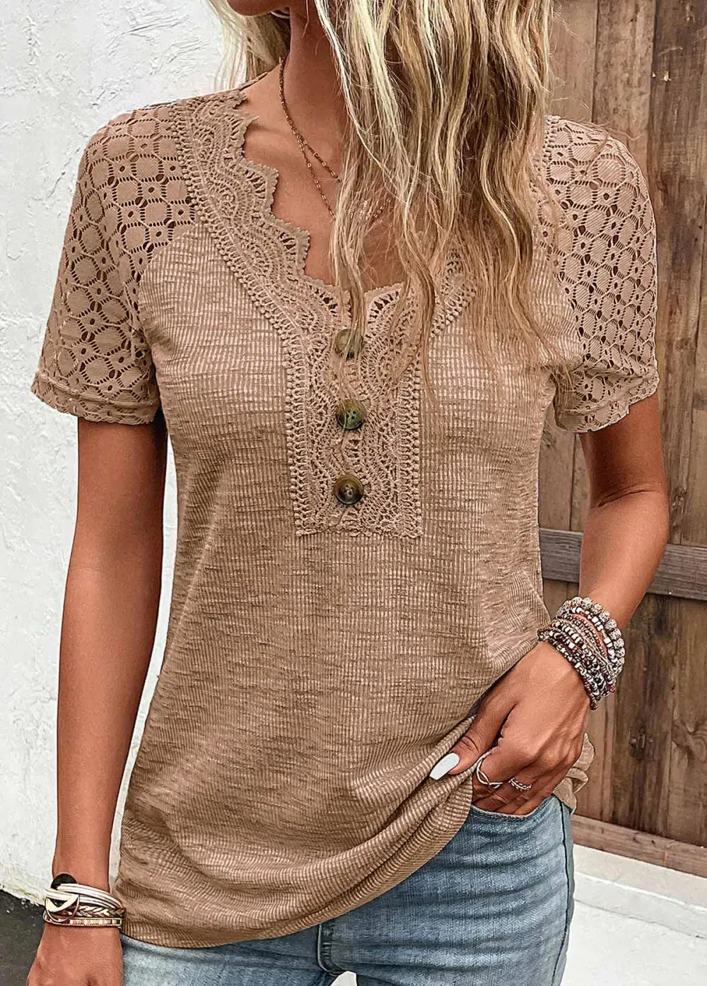 Dark Camel Lace Short Sleeve T Shirt