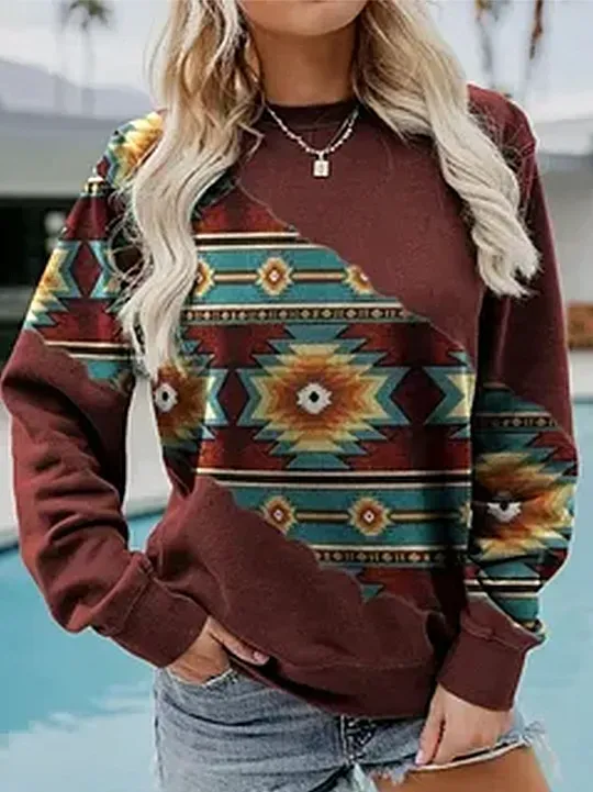 Crew Neck Geometric Casual Sweatshirt
