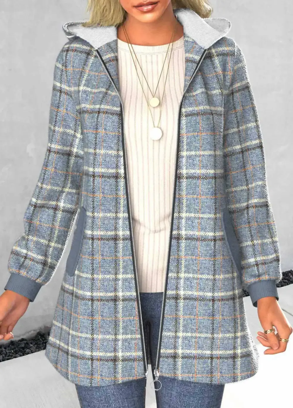 Dusty Blue Zipper Plaid Long Sleeve Hooded Coat