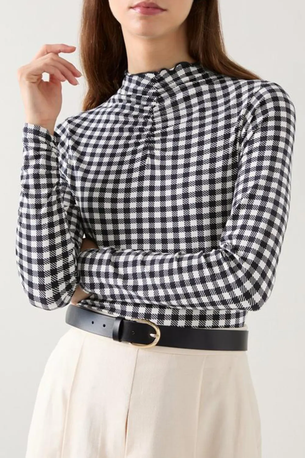 Black Cream Checkered High Neck Long Sleeve Top