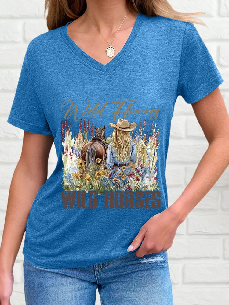 Woman's Wild Flowers Wild Horses V-Neck And Short Sleeves T-Shirt