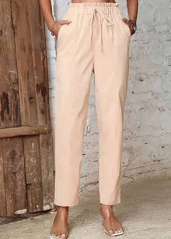 Beige Pocket Drawastring High Waisted Pants