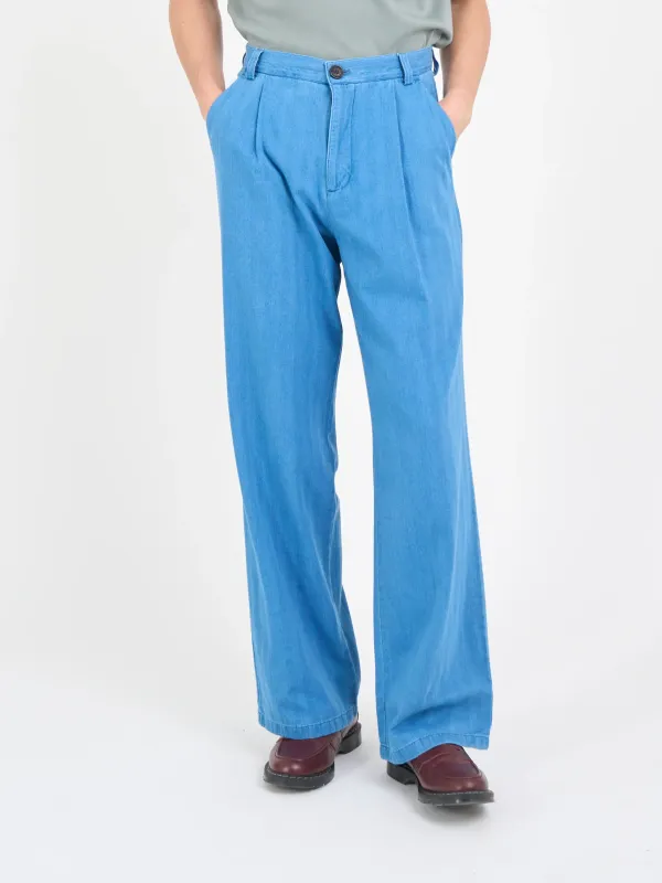 Indigo Wide-Leg High Waisted Lightweight Cotton-Linen Trousers