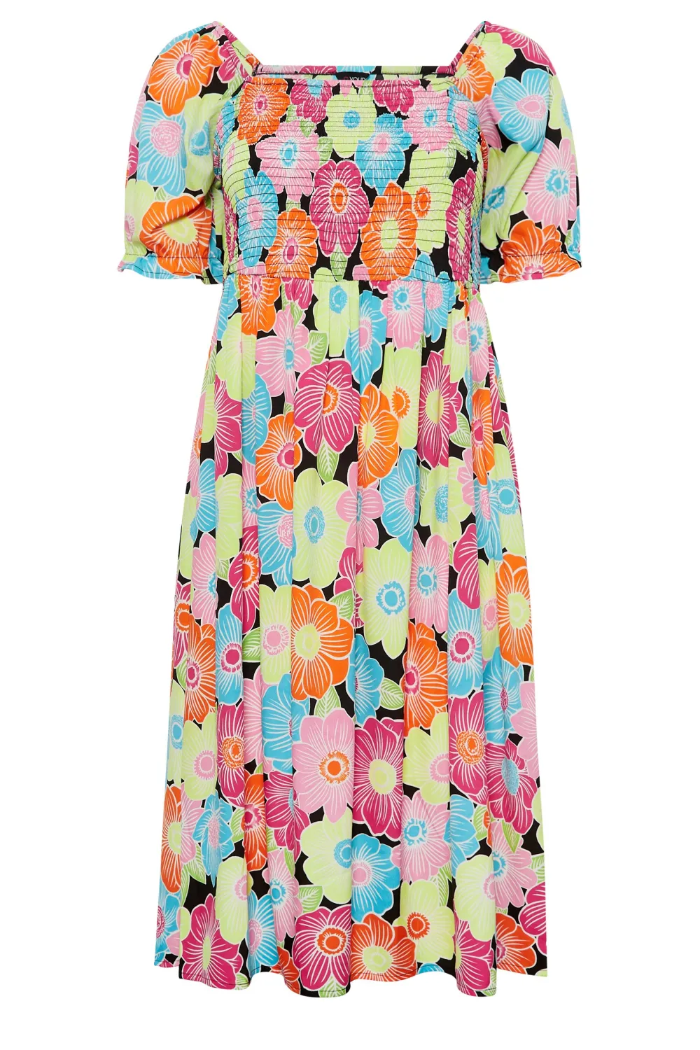 YOURS Curve Pink & Blue Floral Print Shirred Midi Dress