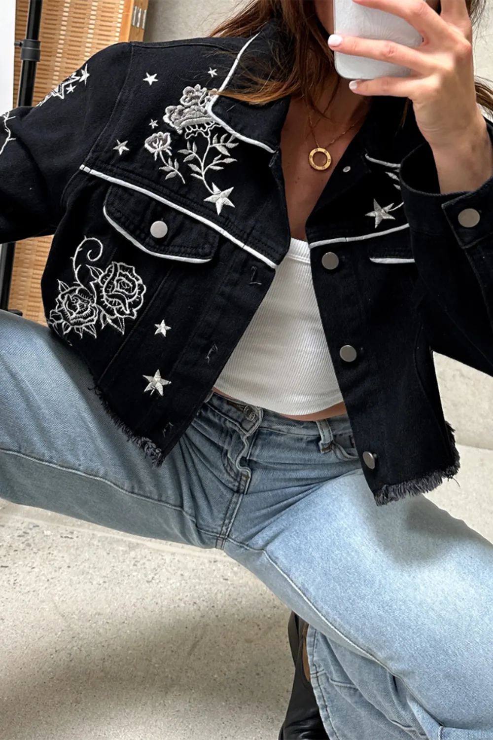 Black Embroidered Cropped Jacket