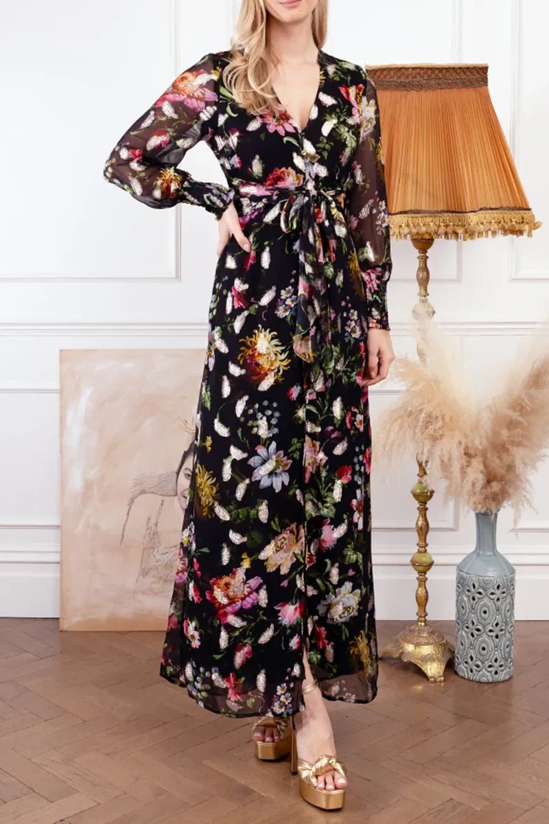 Vintage Floral Blouson-Sleeve Maxi Wrap Dresses