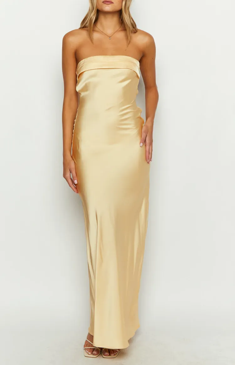 Strapless Yellow Satin Maxi Dress