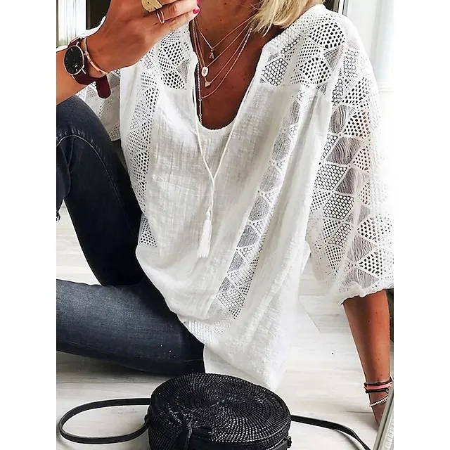 Women's Blouse Lace Patchwork Solid Color Basic Boho U Neck Lace-up Spring &  Fall Black White Yellow Light Blue Grey