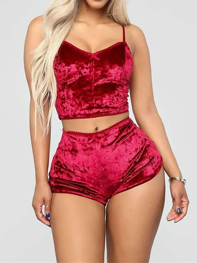 Women's Loungewear Sets Pure Color Fashion Casual Comfort Xmas Home Christmas Street Spandex Breathable Straps Sleeveless Strap Top Shorts Summer Spring Lake blue Wine Red