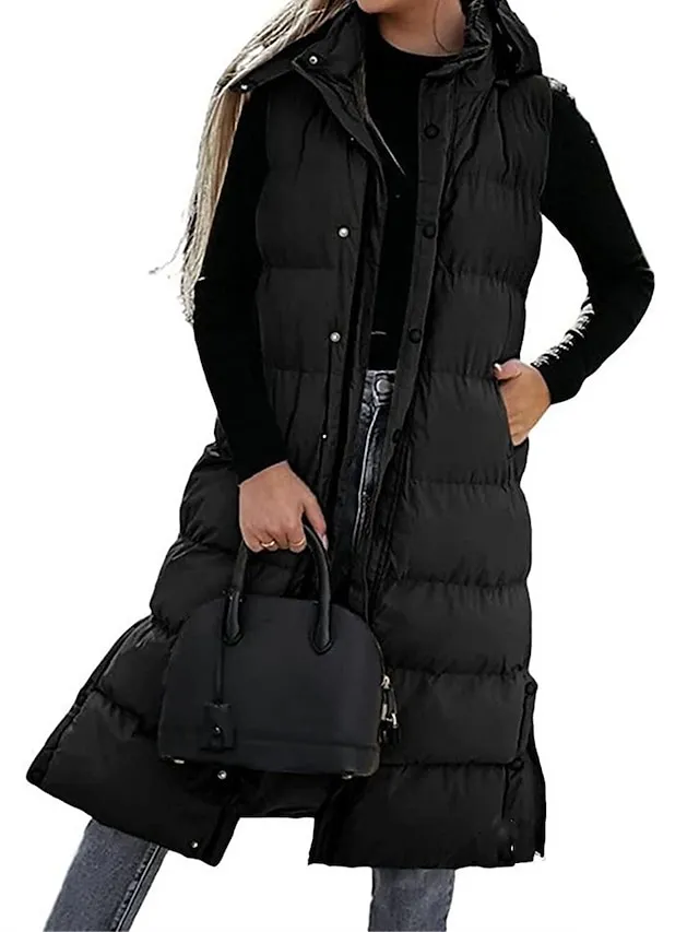 Women's Puffer Vest Long Winter Coat Sleeveless Hooded Jacket Thermal Warm Parka Windproof Gilet Zipper Outerwear Fall