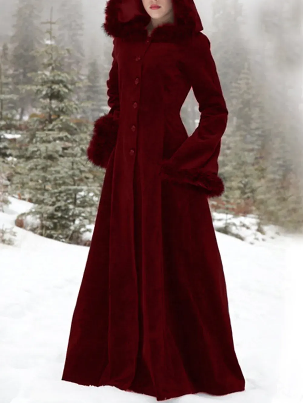 Christmas Flare Sleeve Fuzzy Cuff Cinch Waist Hooded Coat