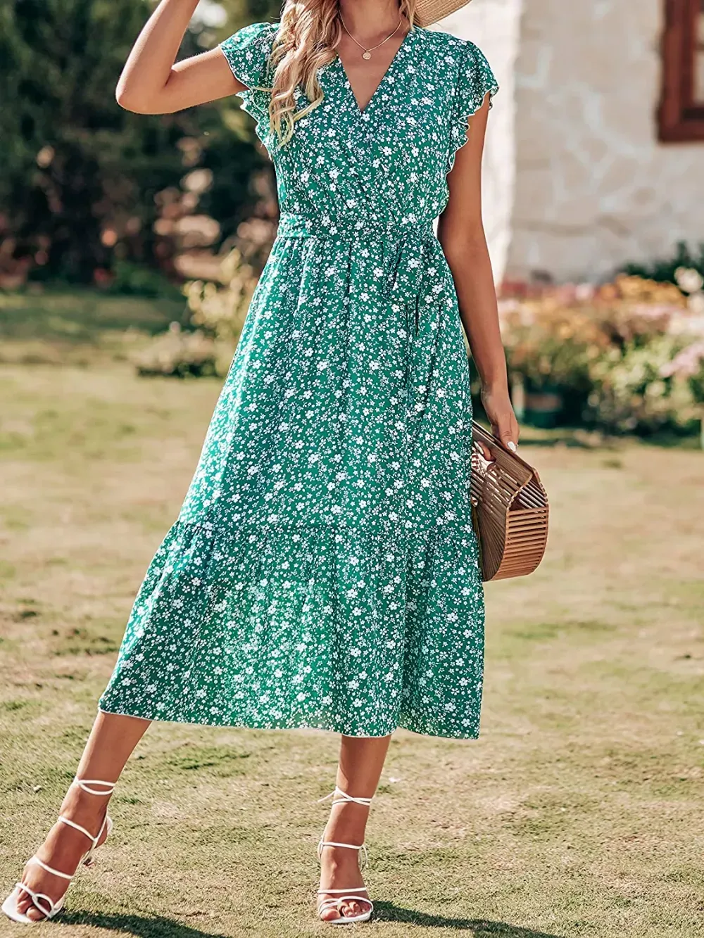 Women Summer Bohemian Floral Casual Wrap V Neck Ruffle Cap Sleeveless Belt A-Line Pleated Hem Swing Midi Sun Dress