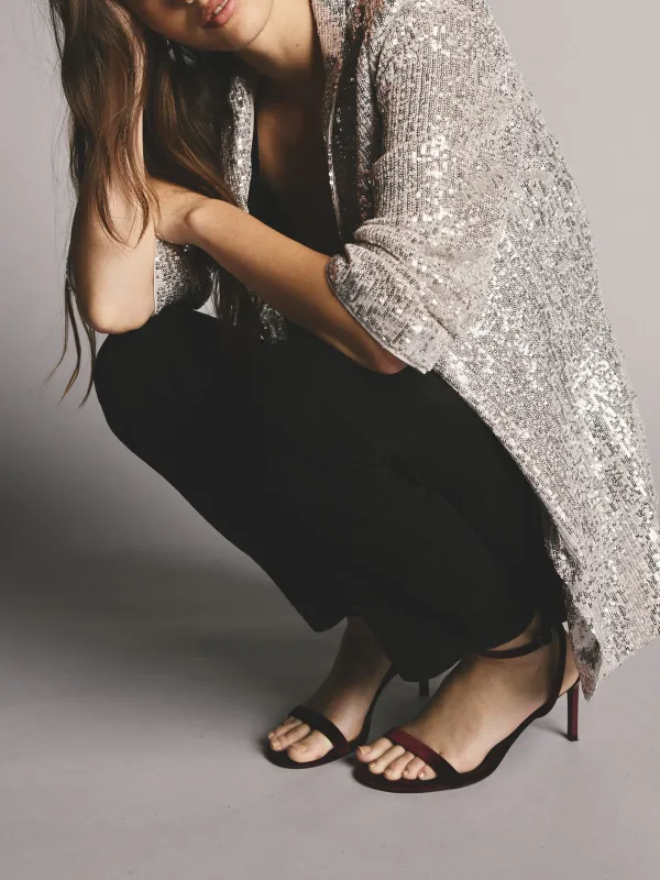 Silver Sequin Pleated Sleeve Suit Jacket