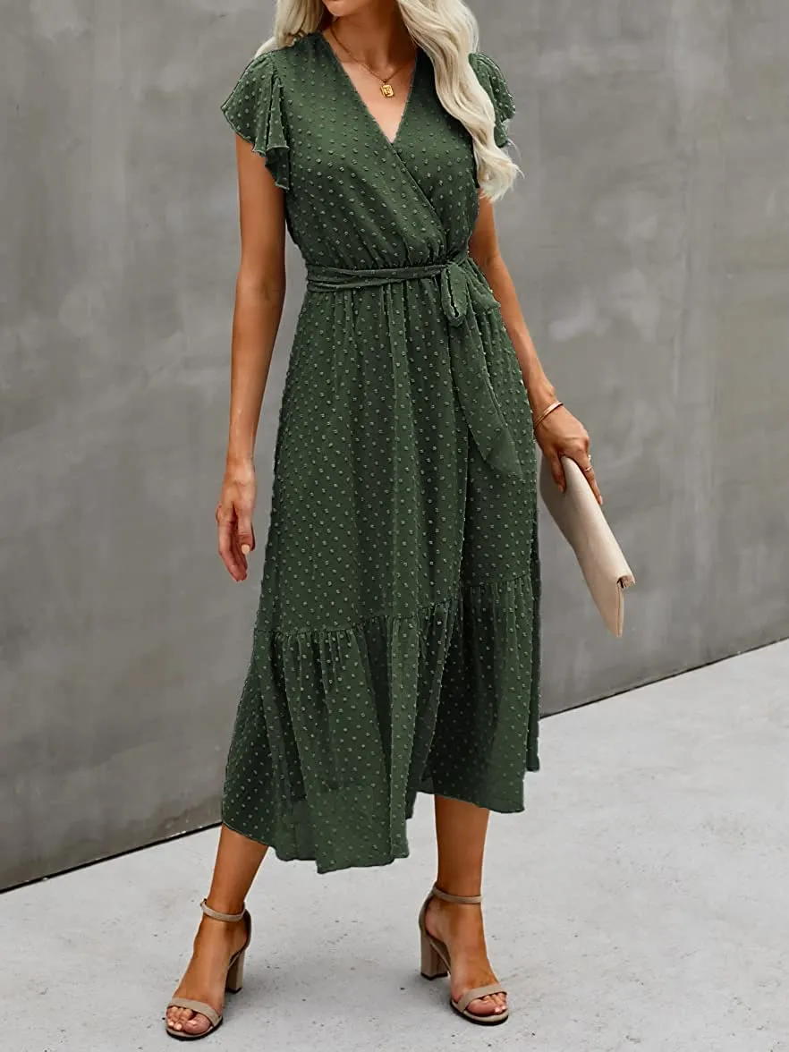 Women Summer Bohemian Floral Casual Wrap V Neck Ruffle Cap Sleeveless Belt A-Line Pleated Hem Swing Midi Sun Dress