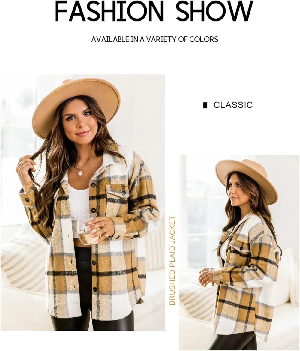 Women's Flannel Plaid Shacket Long Sleeve Button Down Chest Pocketed Shirts Jacket Coats