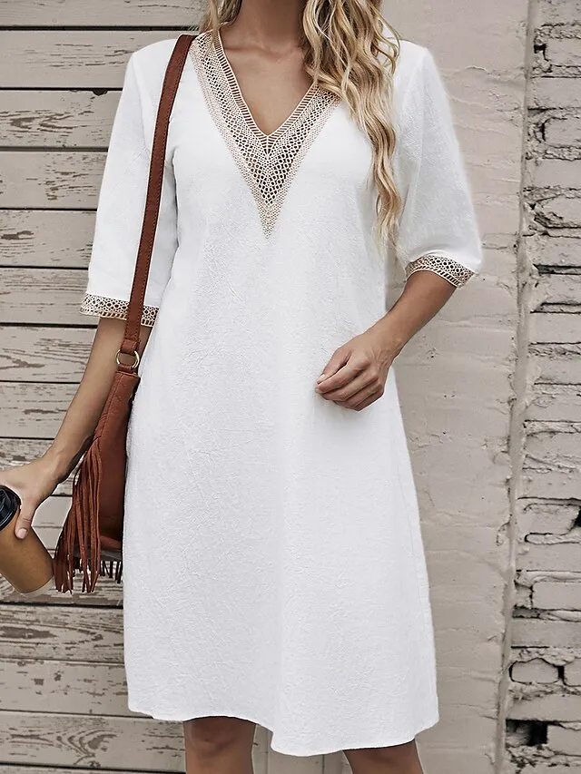 Women's Cotton Linen Dress Casual Dress Shift Dress Midi Dress Cotton And Linen Fashion Modern Outdoor Daily Vacation V Neck Patchwork Half Sleeve Summer Spring 2023 Regular Fit Gray Plain 3XL