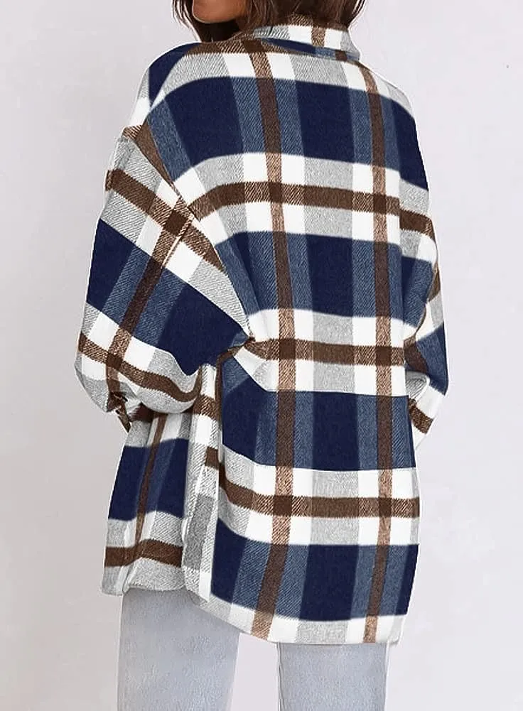 Women's Flannel Plaid Shacket Long Sleeve Button Down Chest Pocketed Shirts Jacket Coats