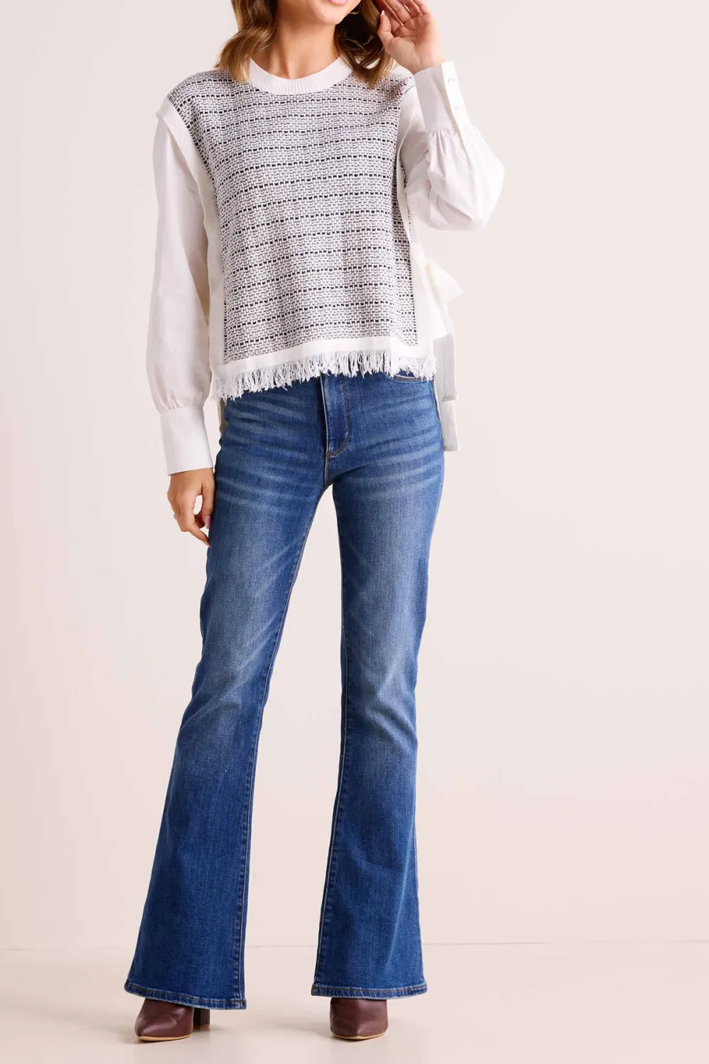 Fringed Contrast Sleeve Cotton Top