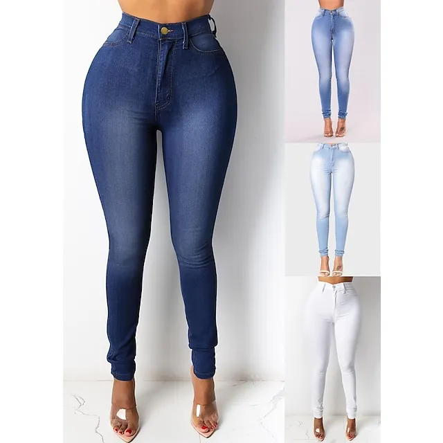 Women's Jeans Denim High Waisted Solid / Plain Color Classic Regular Spring &  Fall Light Blue Medium blue Navy Blue White Black