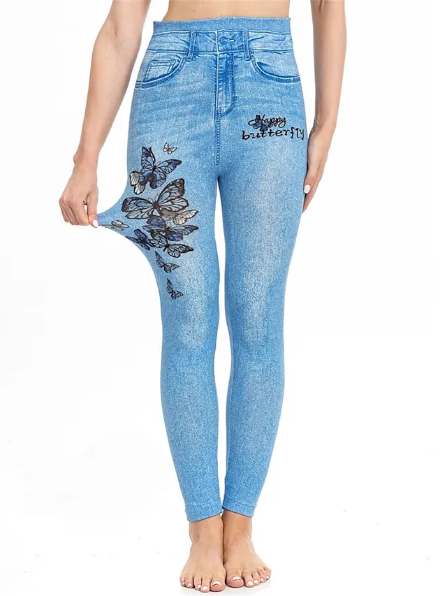 Women's Slim Pants Trousers Leggings Full Length Faux Denim Pocket High Cut High Elasticity High Waist Fashion Streetwear Street Causal Lake Blue Royal Blue S M Summer Fall