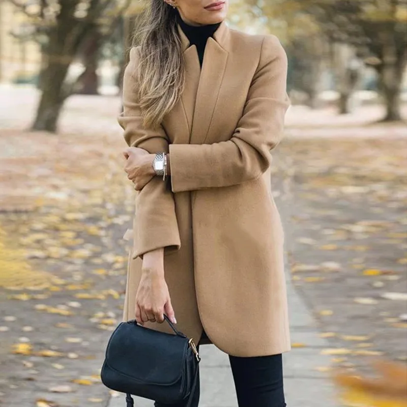Casual Solid Color Stand Collar Long Coat