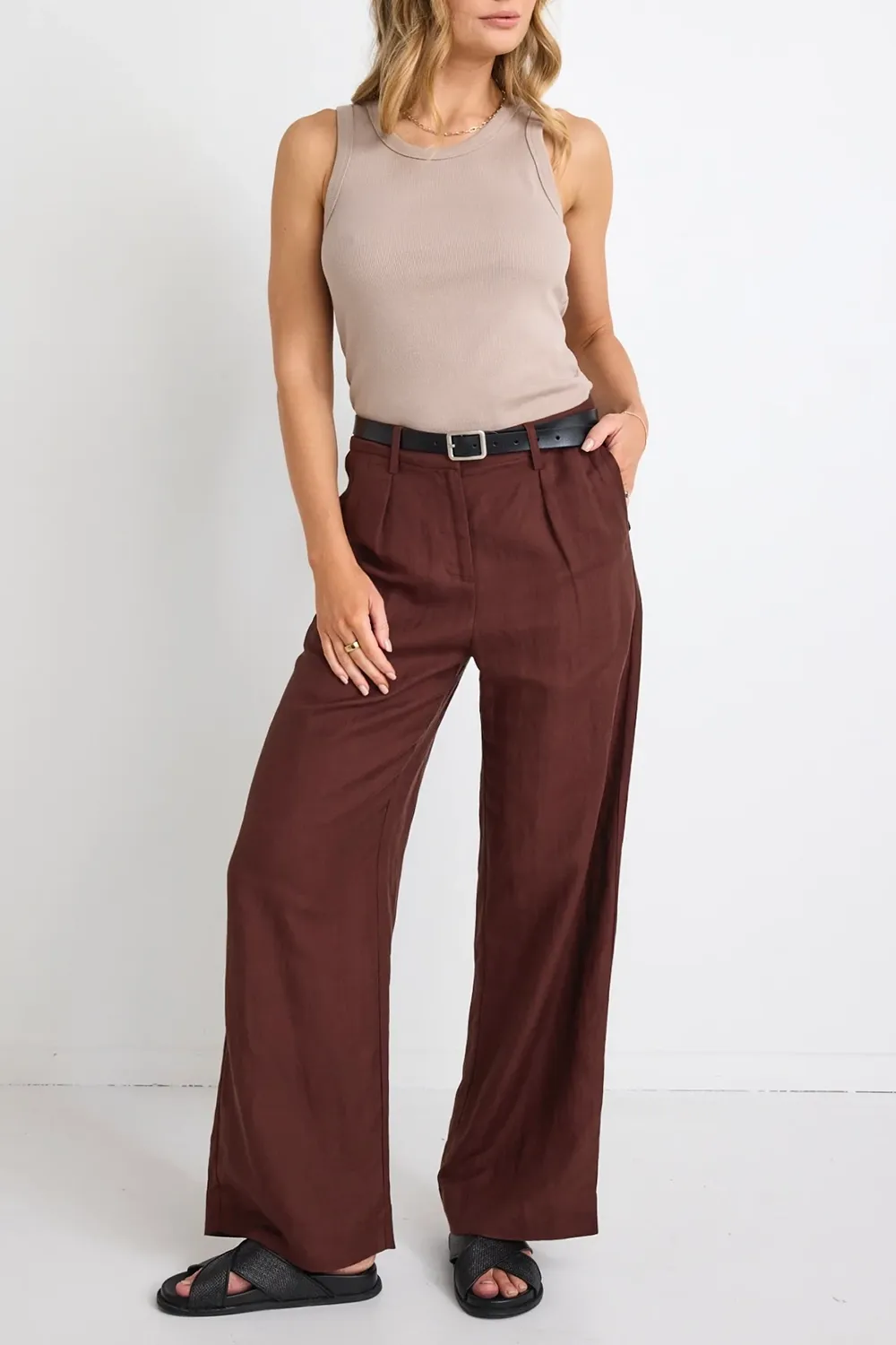 Straight Linen Pleat Wide Leg Pant