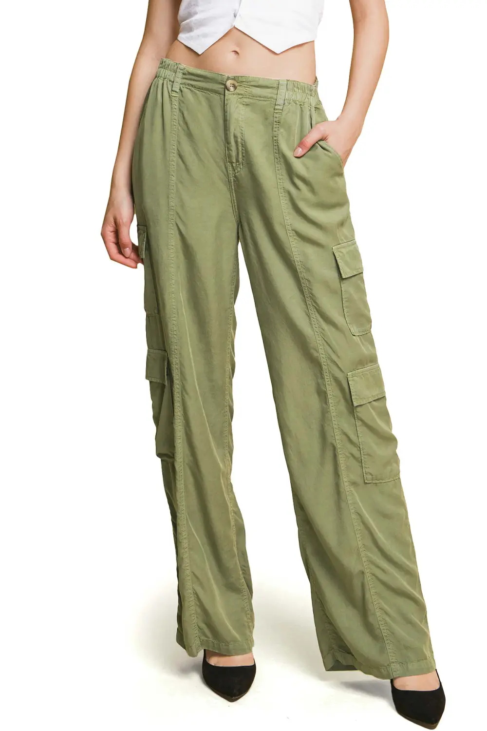 Light Olive Green Cargo Wide - Leg Pants