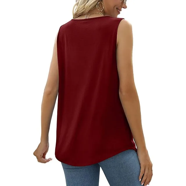 Tank Women's Wine Red Black White Solid / Plain Color Pleated Daily Basic Square Neck S