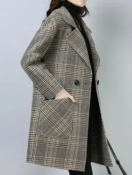 Lapel Collar Long Sleeve Plaid Buckle Regular Loose Coat For Women