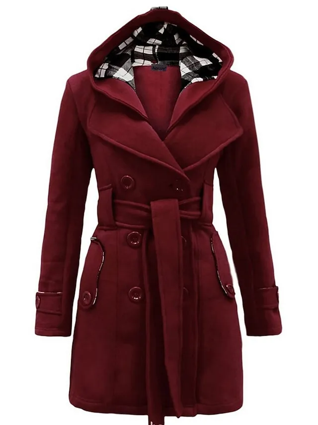 Women's Winter Coat Long Overcoat with Belt Elegant Pea Coat with Hood Double Breasted Warm Windproof Hoodie Jacket Fashion Daily Casual Outerwear Long Sleeve Black Wine Red S M L