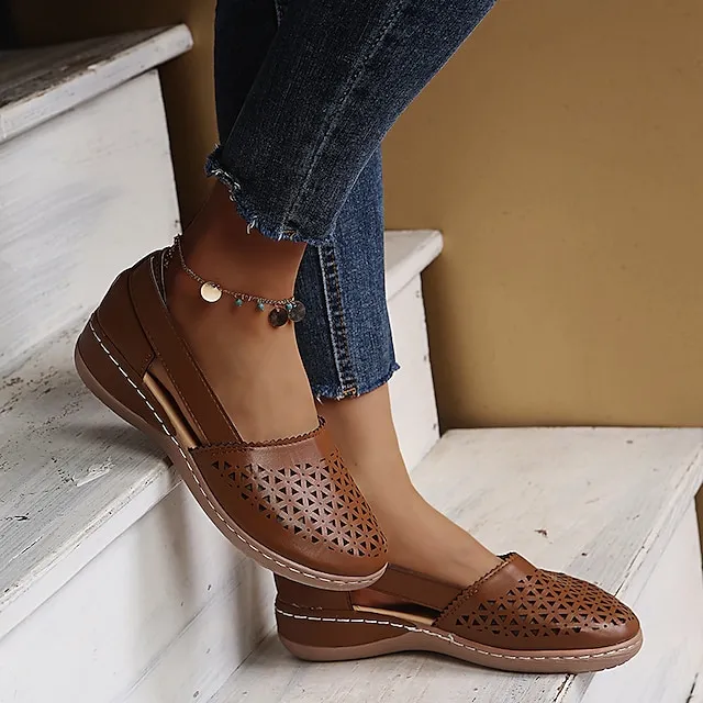 Women's Sandals Wedge Sandals Comfort Shoes Plus Size Outdoor Work Daily Summer Hollow Out Flat Heel Round Toe Classic Casual Minimalism Walking Shoes Faux Leather Loafer Solid Color Solid Colored