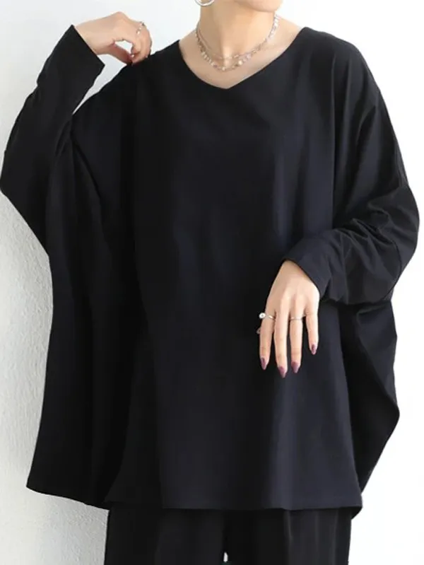 Simple Oversize Solid Color V-Neck Batwing Sleeve T-Shirts