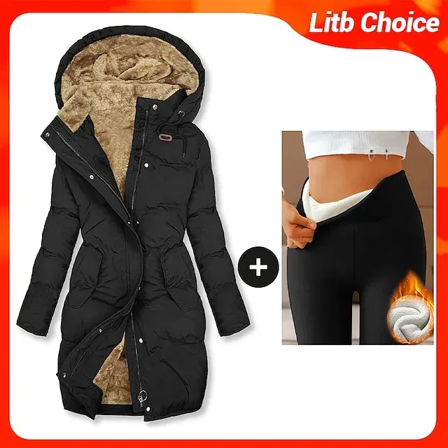 Women's Fleece Lined Parka & Leggings Thermal Warm Puffer Jacket Winter Coat Ankle-Length Winter Leggings Micro-elastic High Waist Tights