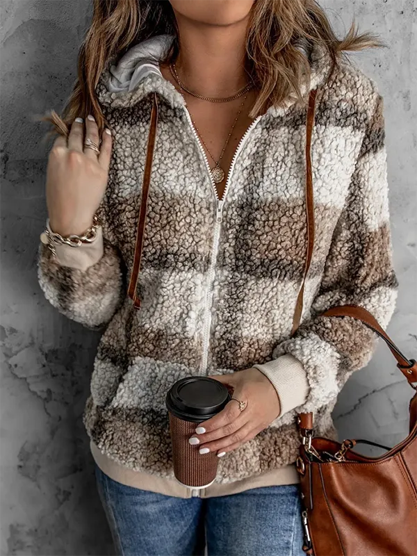 Casual Winter Plaid V neck No Elasticity Daily Loose Regular Regular Teddy Jacket for Women