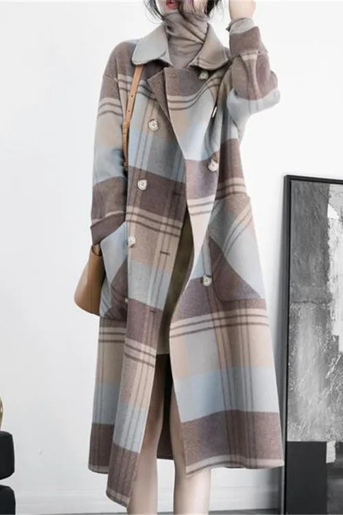 Double Breasted Plaid Long Coat