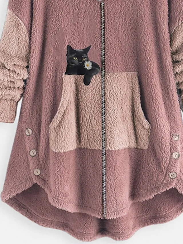 Women's Plus Size Teddy Coat Animal Cat Causal House Long Sleeve V Wire Regular Fall Winter Green Pink Dark Gray L XL XXL 3XL 4XL / Loose Fit