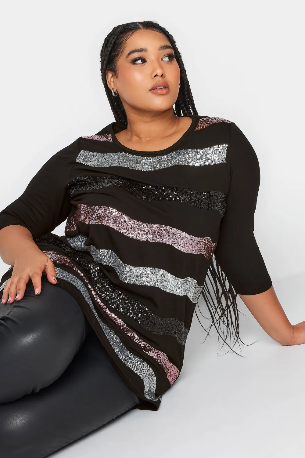 YOURS Curve Black Sequin Embellished Stripe Top